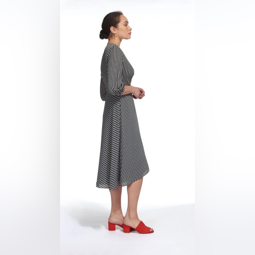 Whistles Callie Stripe Wrap Midi Workwear Dress Blue Yellow White UK 10 / US 6 - Picture 2 of 14